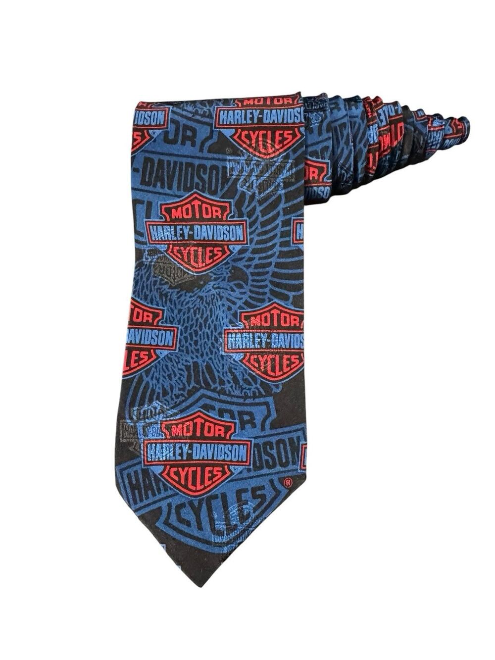 Ralph Marlin RM Style Harley Davidson Bar & Shield Logo Necktie Silk Red Blue